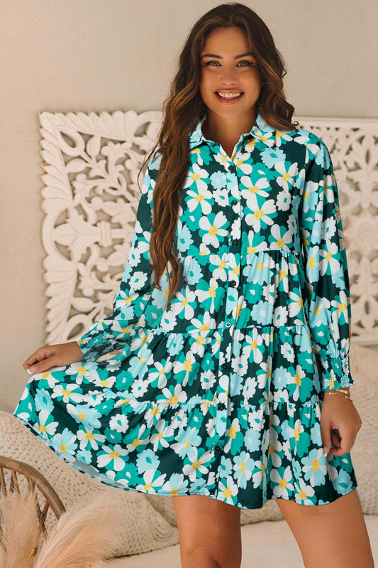 Tiger Lily=Green Floral Tiered Long Puff Sleeve Shirt Dress
